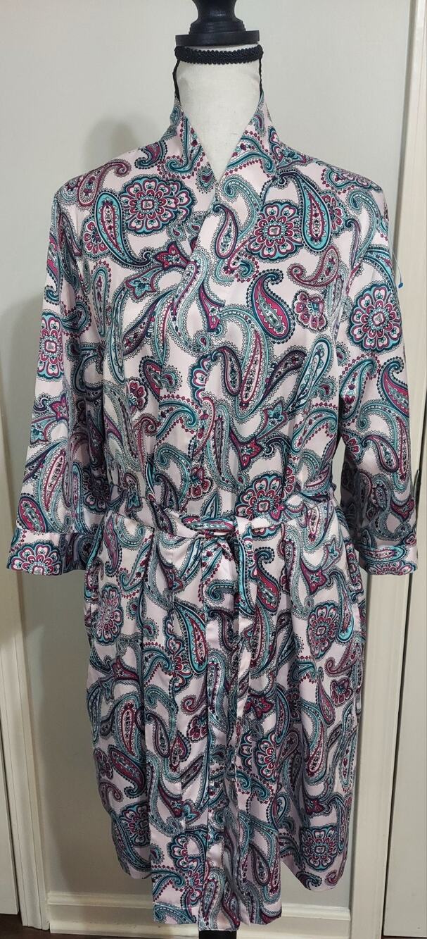 Cabernet Women Satin Robe Medium M Pink Aqua Paisley Floral Silky Wrap Belted